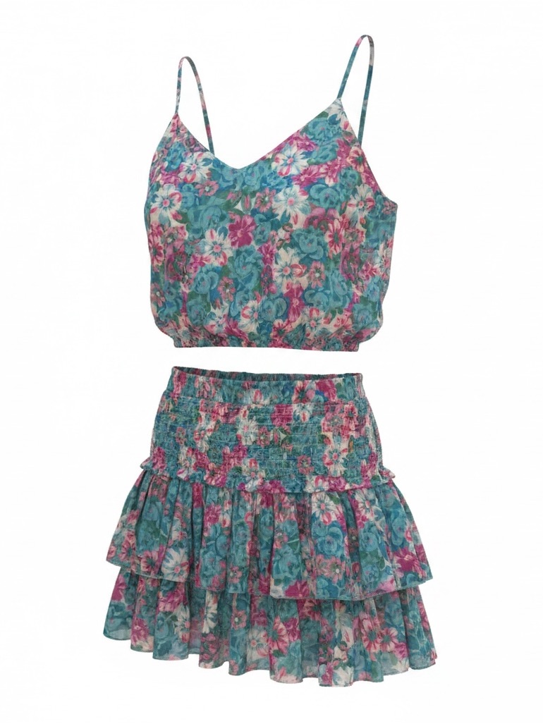 Smocked Floral Two-Piece Mini Dress In Teal & Pink